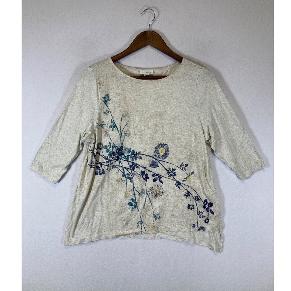 Naturecore Pure Jill Women Large Petite Oatmeal Floral Asymmetric 3/4 Sleeve Top